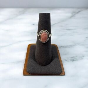 Rhodochrosite Ring Sterling Silver 925–Natural Pink Oval Cabochon, Rope Bezel